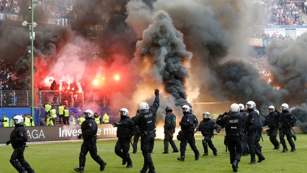 Police patrol pitch at SV Hamburger game