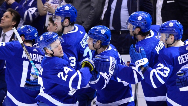 The Maple Leafs celebrate Monday against the Sabres., The Canadian Press The Maple Leafs celebrate Monday against the Sabres.