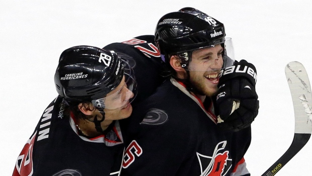 Semin, Lindholm celebrate, The Canadian Press Semin, Lindholm celebrate