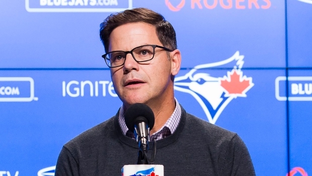 Blue Jays GM Ross Atkins speaks to reporters on Tuesday.