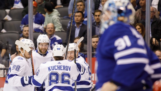 Nikita Kucherov celebrates his goal against the Leafs Thursday night.