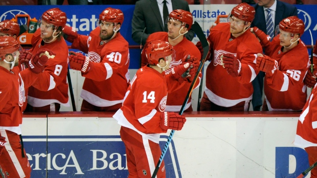 Gustav Nyquist celebrates with Red Wings