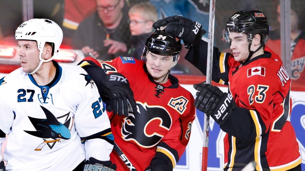 Hudler, Monahan celebrate vs. Sharks, The Canadian Press Hudler, Monahan celebrate vs. Sharks