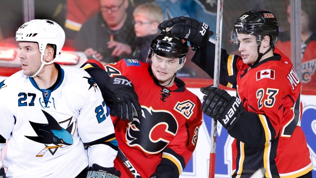 Hudler, Monahan celebrate vs. Sharks