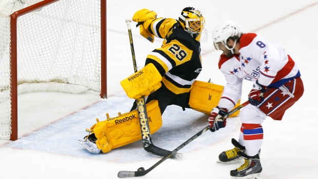 Alexander Ovechkin scores on Marc-Andre Fleury