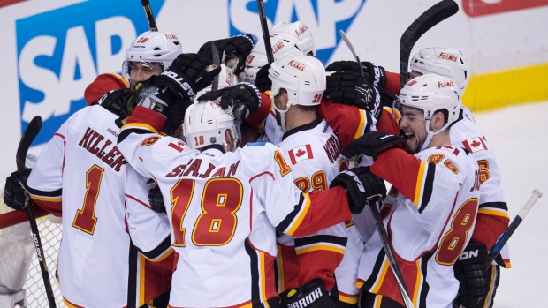 Calgary Flames celebrate, The Canadian Press Calgary Flames celebrate