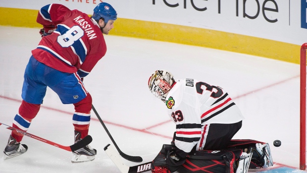 Canadiens Zack Kassian Blackhawks Scott Darling , CP Canadiens Zack Kassian Blackhawks Scott Darling