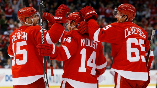 Riley Sheahan Gustav Nyquist Danny DeKeyser, The Canadian Press Riley Sheahan Gustav Nyquist Danny DeKeyser