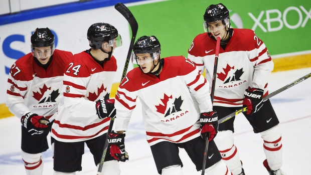 Stephens, Dermott, Konecny and McKeown celebrate, The Canadian Press Stephens, Dermott, Konecny and McKeown celebrate