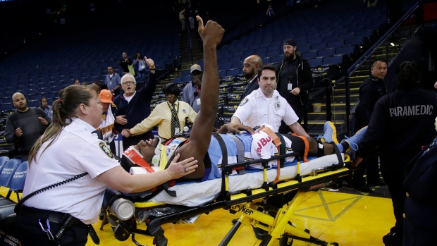 Kenneth Faried leaves on stretcher 