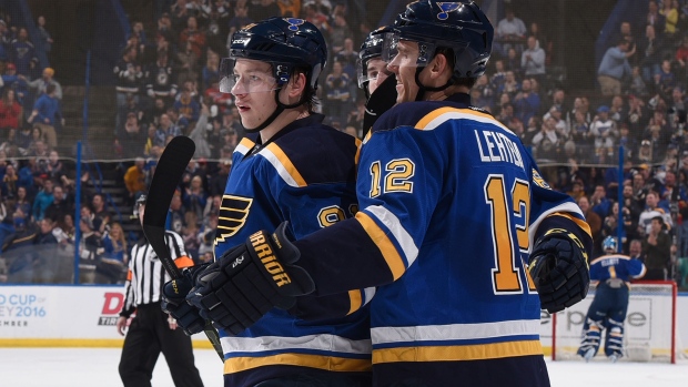 Blues players celebrate, Scott Rovak/National Hockey League/Getty Images Blues players celebrate
