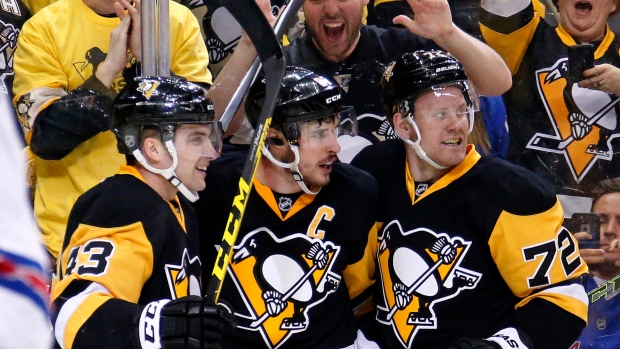 Sheary, Crosby and Hornqvist celebrate, The Canadian Press Sheary, Crosby and Hornqvist celebrate