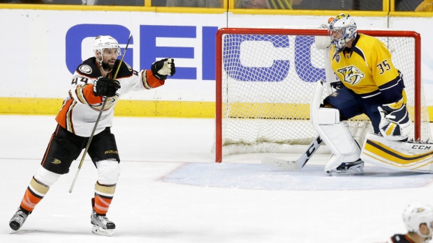 Nate Thompson celebrates, The Canadian Press Nate Thompson celebrates