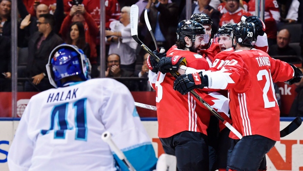 Steven Stamkos, Canada celebrate, The Canadian Press Steven Stamkos, Canada celebrate