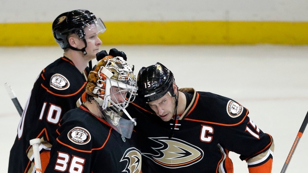 John Gibson and Ducks Celebrate, The Canadian Press John Gibson and Ducks Celebrate