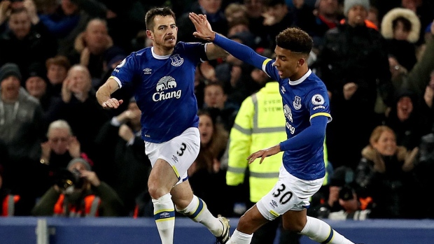 Leighton Baines celebrates, The Canadian Press Leighton Baines celebrates