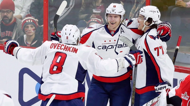 Ovechkin, Backstrom and Oshie celebrate