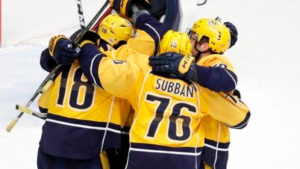 Nashville Predators celebrate goal, The Canadian Press Nashville Predators celebrate goal