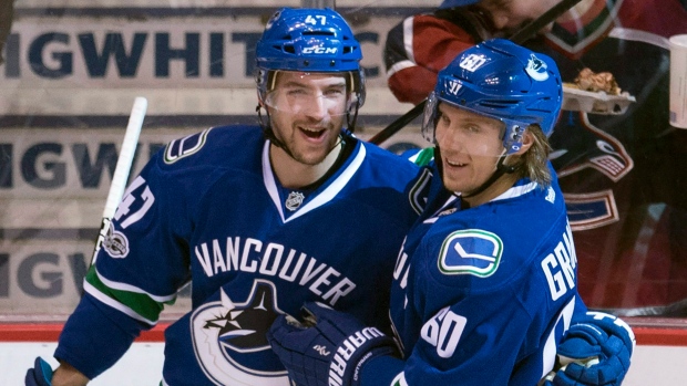 Baertschi and Granlund celebrate