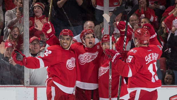 Tomas Tatar, Red Wings celebrate, Dave Reginek/National Hockey League/Getty Images Tomas Tatar, Red Wings celebrate