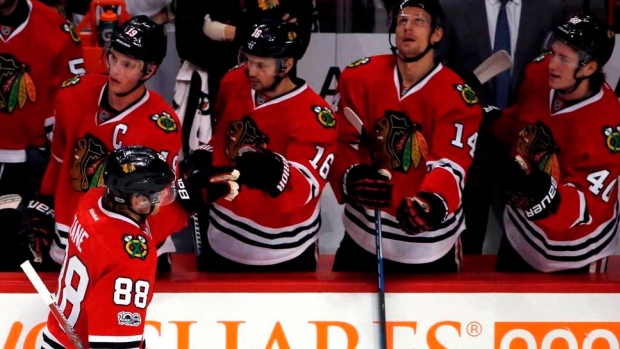 Chicago Blackhawks celebrate goal, The Canadian Press Chicago Blackhawks celebrate goal