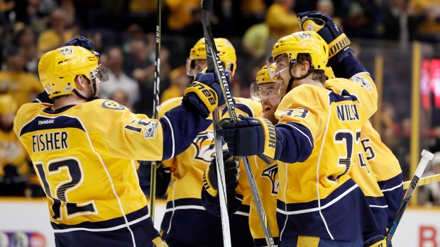 Nashville Predators celebrate goal, The Canadian Press Nashville Predators celebrate goal