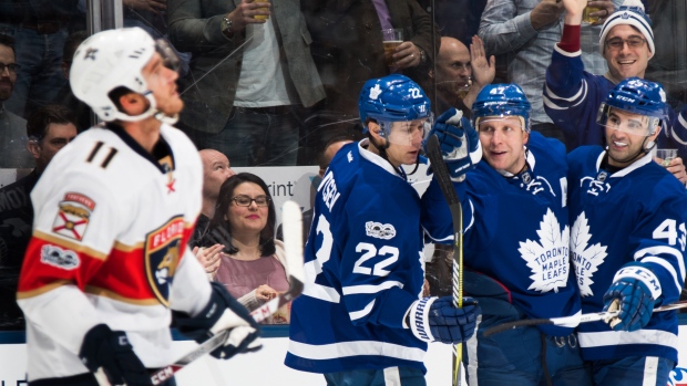Huberdeau skates by celebrating Leafs, Mark Blinch/National Hockey League/Getty Images Huberdeau skates by celebrating Leafs