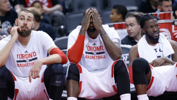 Jonas Valanciunas, Patrick Patterson and DeMarre Caroll , Rick Madonik/Toronto Star/Getty Images Jonas Valanciunas, Patrick Patterson and DeMarre Caroll