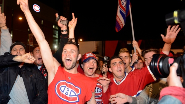 Montreal Canadiens fans celebrate, The Canadian Press Montreal Canadiens fans celebrate