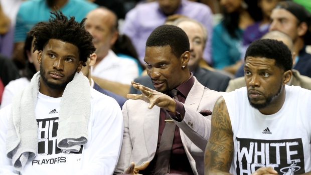 Justise Winslow, Chris Bosh and Udonis Haslem