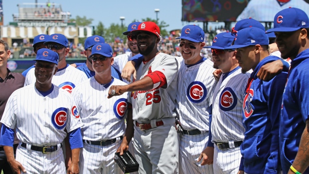 Dexter Fowler and members of the Chicago Cubs