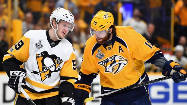 Jake Guentzel and James Neal , Joe Sargent/National Hockey League/Getty Images Jake Guentzel and James Neal