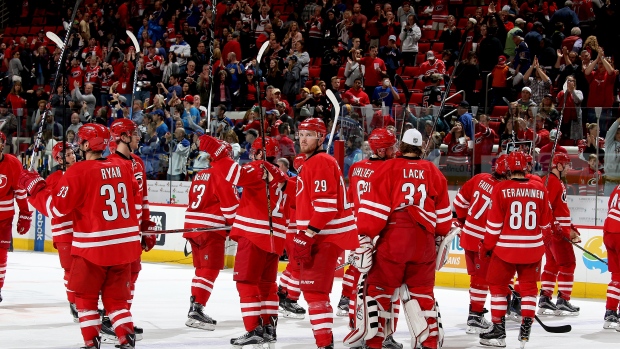 Hurricanes salute crowd, Gregg Forwerck/National Hockey League/Getty Images Hurricanes salute crowd