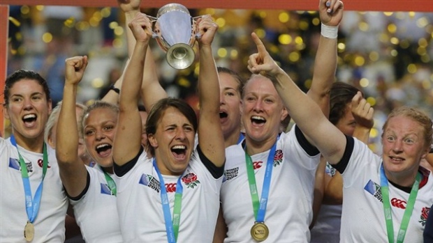 Katy McLean England celebrates Women's Rugby World Cup