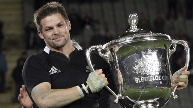 New Zealand's Captain Richie McCaw holds Bledisloe Cup