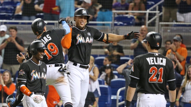 Giancarlo Stanton and Marlins Celebrate 
