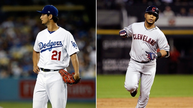 Los Angeles Dodgers' Yu Darvish and Cleveland Indians' Edwin Encarnacion