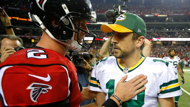 Matt Ryan with Aaron Rodgers following Falcons 44-21 win over Packers in NFC Championship Game