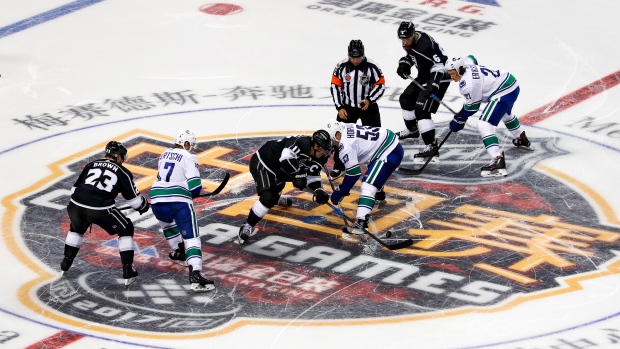 Vancouver Canucks and Los Angeles Kings opening face-off