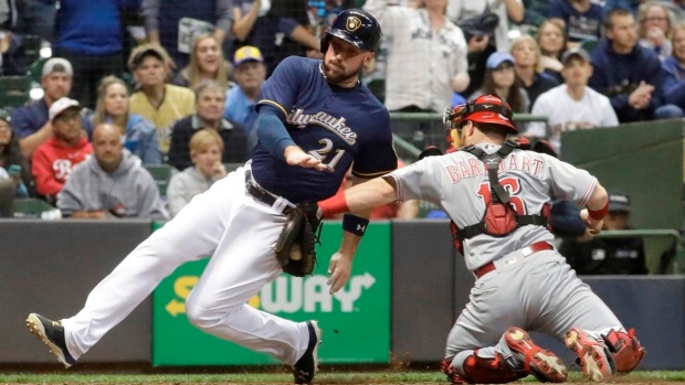 Tucker Barnhart tags Travis Shaw, The Canadian Press Tucker Barnhart tags Travis Shaw