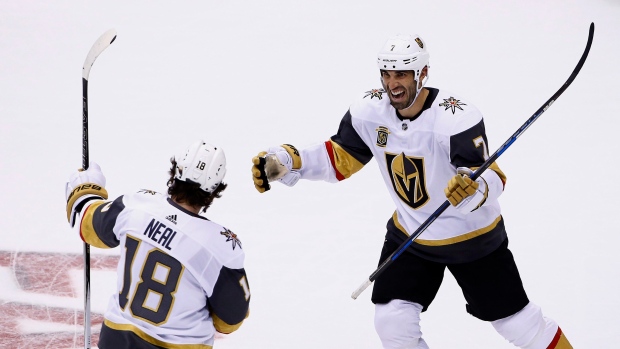 James Neal and Jason Garrison celebrate goal, The Canadian Press James Neal and Jason Garrison celebrate goal