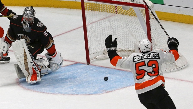 Shayne Gostisbehere celebrates goal, The Canadian Press Shayne Gostisbehere celebrates goal