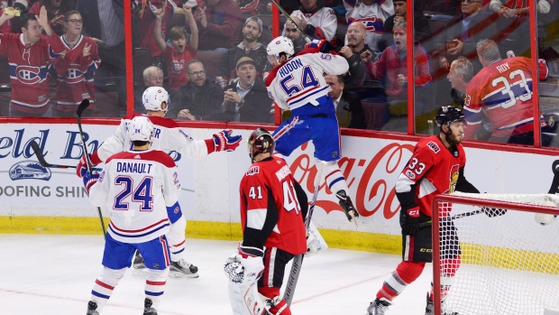 Charles Hudon and Canadiens Celebrate