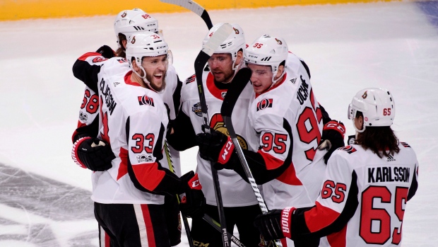 Ottawa Senators celebrate goal, The Canadian Press Ottawa Senators celebrate goal
