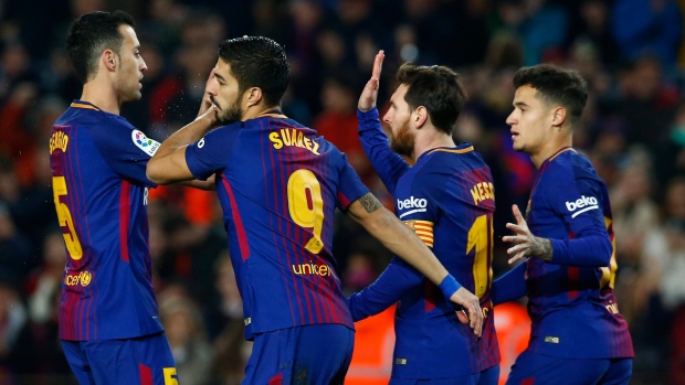 Barcelona celebrates goal, The Canadian Press Barcelona celebrates goal