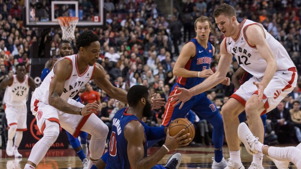 Raptors defend Pistons centre Andre Drummond, The Canadian Press Raptors defend Pistons centre Andre Drummond