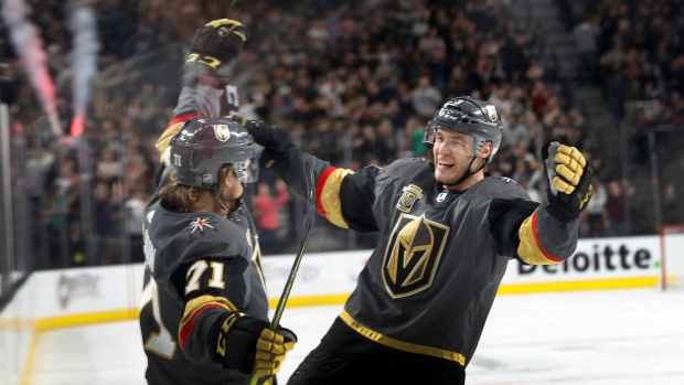 William Karlsson (71) celebrates with teammate Brayden McNabb , The Canadian Press William Karlsson (71) celebrates with teammate Brayden McNabb