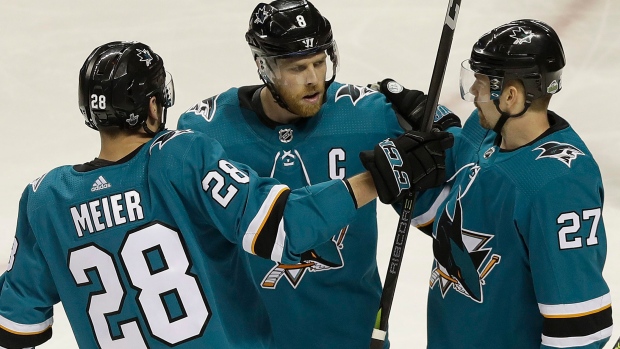 Sharks celebrate, The Canadian Press Sharks celebrate