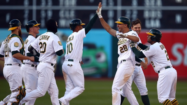 Oakland Athletics celebrate, The Canadian Press Oakland Athletics celebrate