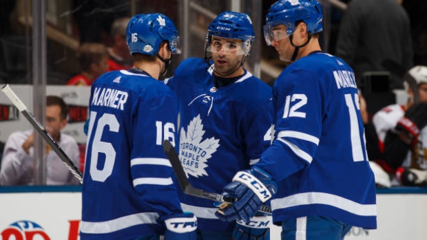 Nazem Kadri, Patrick Marleau, and Mitchell Marner